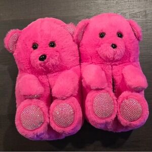 NWOT Pink & Bling Plush Teddy Slippers Valentine's Day Gift for Her Size L 9/10